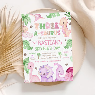 Dinosaur Three A-Saurus Girl 3rd Birthday Party Inbjudningar