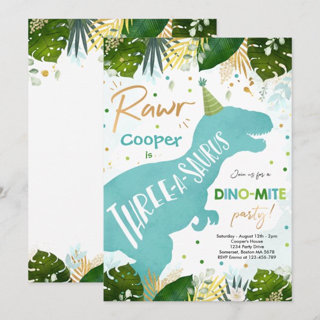 Dinosaur Three-A-Saurus Party Dino 3:e födelsedage Inbjudningar (Fram/baksida)
