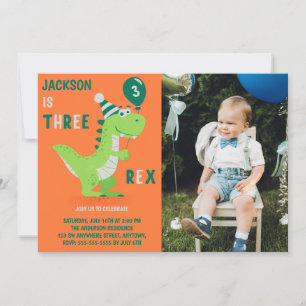 Dinosaur Three Rex 3-års födelsedagsfoto inbjudan