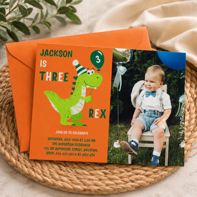 Dinosaur Three Rex 3-års födelsedagsfoto inbjudan (Skapare uppladdad)