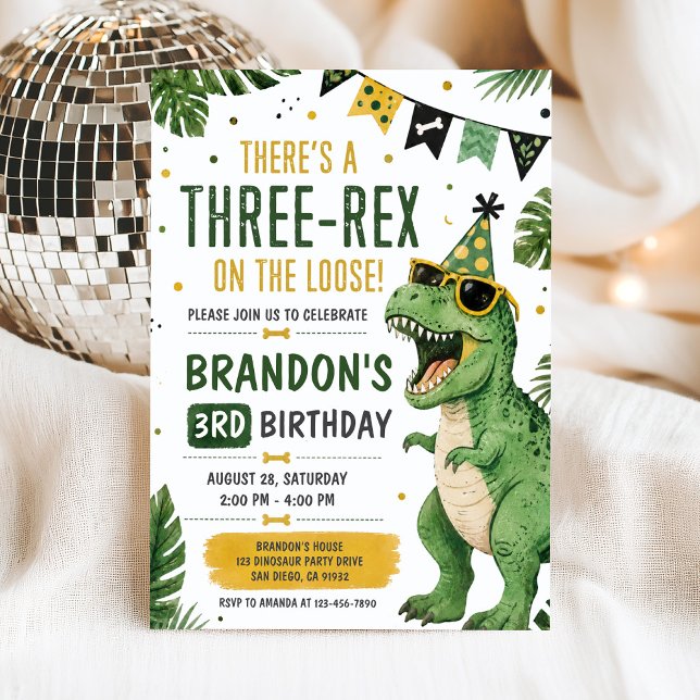 Dinosaur Three Rex 3-års födelsedagsinbjudan Inbjudningar (Skapare uppladdad)