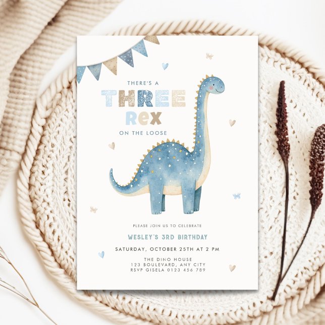 Dinosaur Three Rex 3-års inbjudan för pojkar (Three Rex dino birthday invitation for boys)