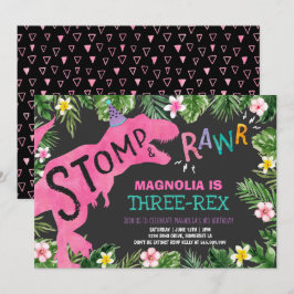 Dinosaur Three-Rex Birthday bjudande Girl Dino Inbjudningar