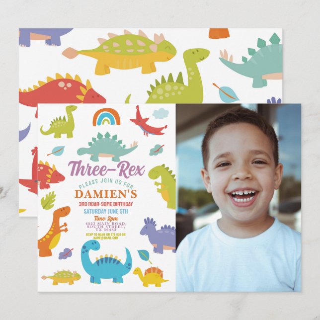 Dinosaur Three Rex Cute Boys Party Photo Inbjudningar (Fram/baksida)