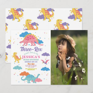 Dinosaur Three Rex Cute Girls Rosa Party Photo Inbjudningar