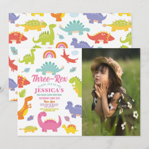 Dinosaur Three Rex Cute Girls Rosa Party Photo Inbjudningar