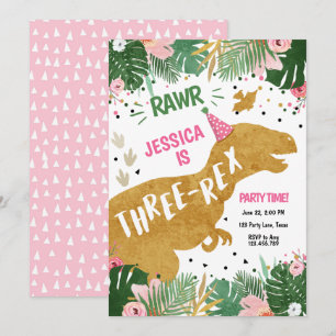 Dinosaur Three Rex Dino Girl Rosa Guld Inbjudningar