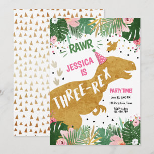 Dinosaur Three Rex Dino Girl Rosa Guld Inbjudningar