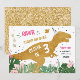 Dinosaur Three Rex Dino Girl Rosa Guld Inbjudningar