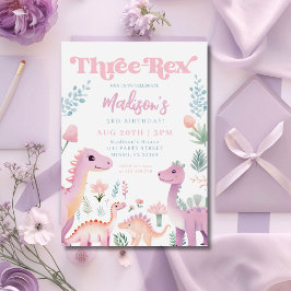 Dinosaur Three Rex Flicka Rosa 3-års Födelsedagsfe Inbjudningar