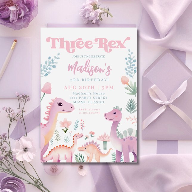 Dinosaur Three Rex Flicka Rosa 3-års Födelsedagsfe Inbjudningar (Skapare uppladdad)