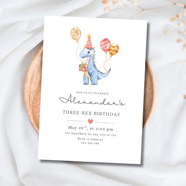 Dinosaur Three Rex Födelsedag Minimalistisk Dino P Inbjudningar (dinosaur birthday invitation)