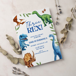Dinosaur Three Rex Greenery Birthday Inbjudningar