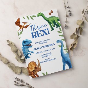 Dinosaur Three Rex Greenery Birthday Inbjudningar