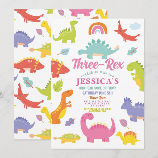 Dinosaur Three Rex söta tjejer rosa fest Inbjudningar (Fram/baksida)