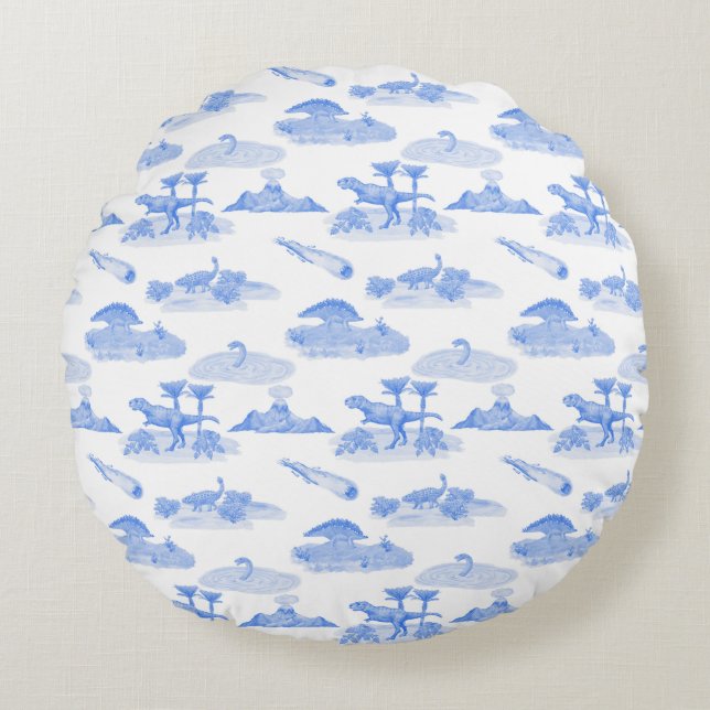 Dinosaur Toile Round Pillow (Periwinkle Blue)  Rund Kudde (Framsidan)