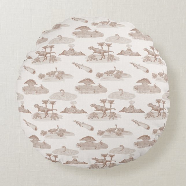 Dinosaur Toile Round Pillow (Tan) Rund Kudde (Framsidan)