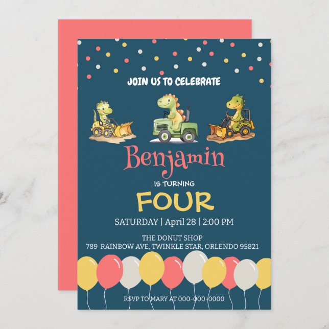 Dinosaur-traktorns lastbil-ballong, skoldag inbjudningar (Fram/baksida)