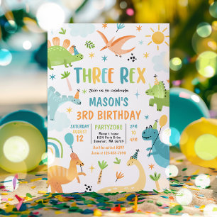 Dinosaur tredubbel Rex 3:e födelsedag Party Inbjudningar