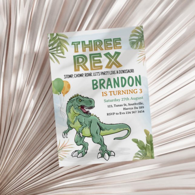 Dinosaur tredubbel Rex 3:e födelsedag Party Inbjudningar (Skapare uppladdad)