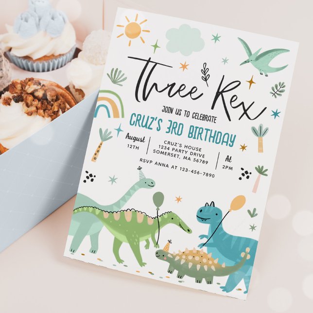 Dinosaur tredubbel Rex 3:e födelsedag Party Inbjudningar (Skapare uppladdad)