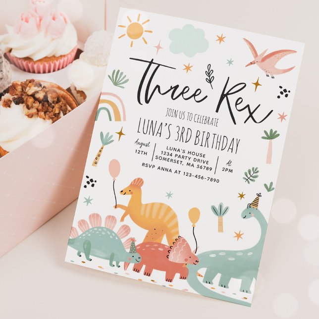 Dinosaur tredubbel Rex 3:e födelsedag Party Inbjudningar (Skapare uppladdad)