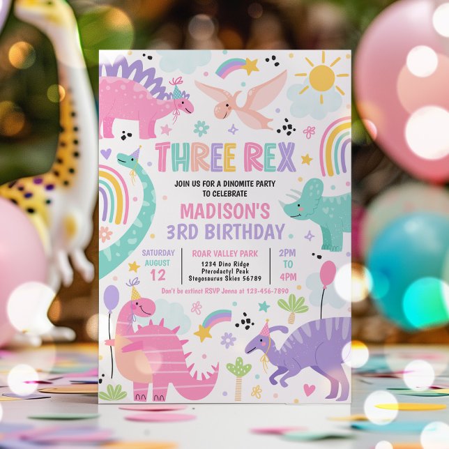 Dinosaur tredubbel Rex 3:e födelsedag Party Inbjudningar (Skapare uppladdad)
