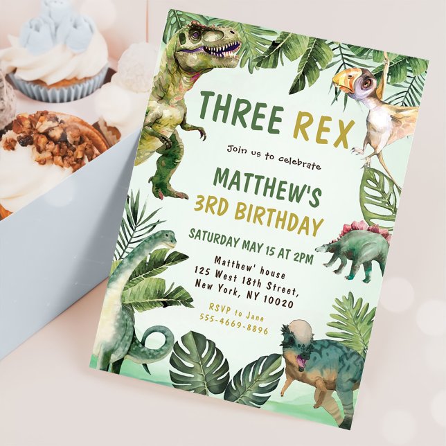 Dinosaur tredubbel Rex 3:e födelsedag Party Inbjudningar (Skapare uppladdad)