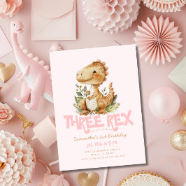 Dinosaur tredubbel Rex 3:e födelsedag Party Rosa Inbjudningar