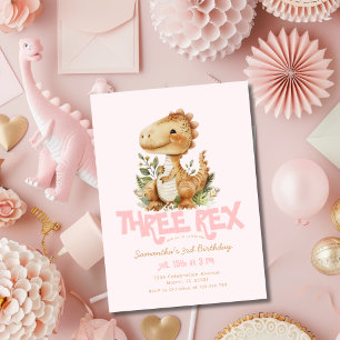 Dinosaur tredubbel Rex 3:e födelsedag Party Rosa Inbjudningar