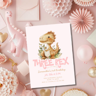 Dinosaur tredubbel Rex 3:e födelsedag Party Rosa Inbjudningar