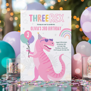 Dinosaur tredubbel Rex 3:e födelsedag Party Rosa T Inbjudningar