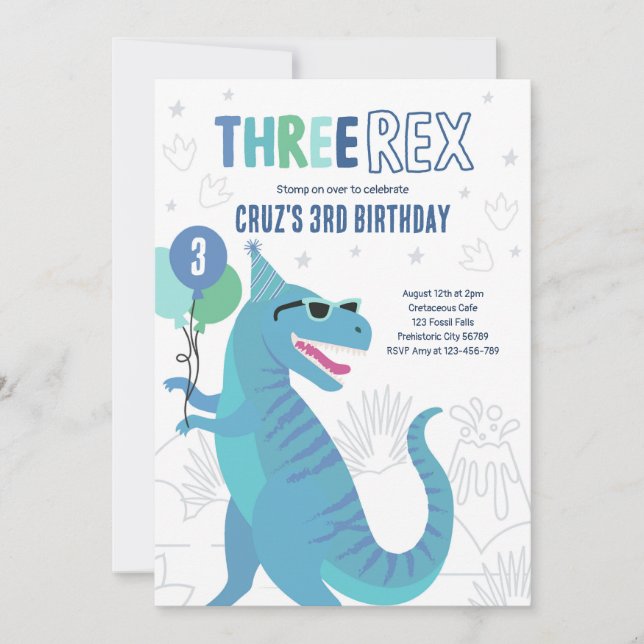 Dinosaur trerex 3:e födelsedag Party T-Rex Inbjudningar (Framsida)