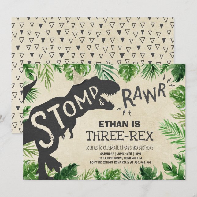 Dinosaur trerex födelsedagsinbjudan Boy Dino Inbjudningar (Fram/baksida)