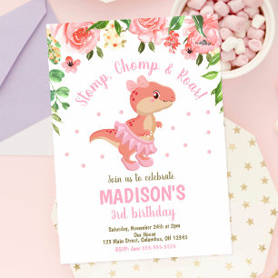 Dinosaur Tutu Baletdansös Rosa Blommig Födelsedag Inbjudningar