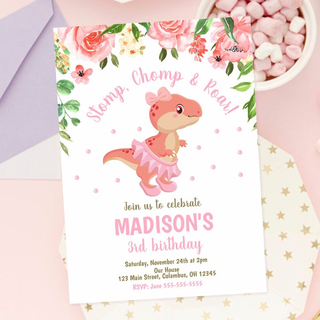 Dinosaur Tutu Baletdansös Rosa Blommig Födelsedag Inbjudningar (Skapare uppladdad)