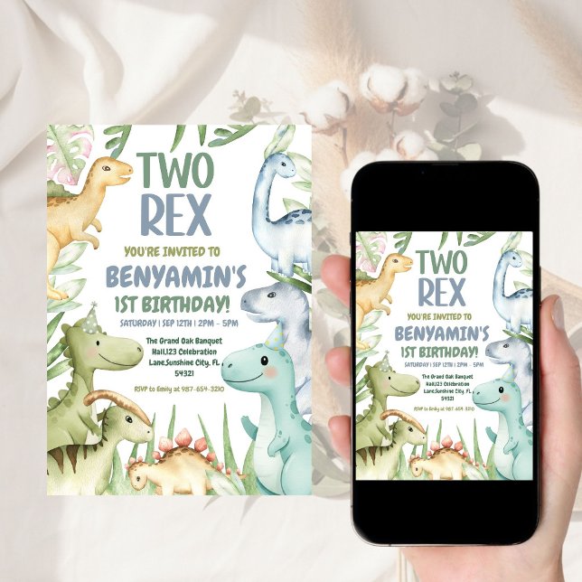 Dinosaur Två rex Pojke 2:a Födelsedagsfest Inbjuda Inbjudningar (Skapare uppladdad)
