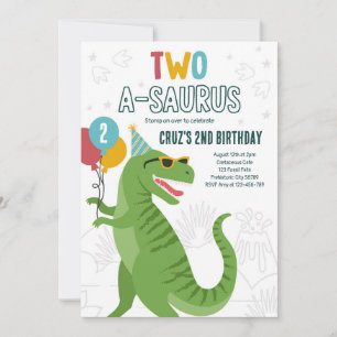 Dinosaur Two A-Saurus 2:a födelsedagen Party T-Rex Inbjudningar