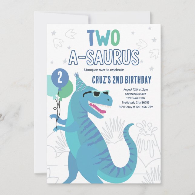 Dinosaur Two A-Saurus 2:a födelsedagen Party T-Rex Inbjudningar (Framsida)