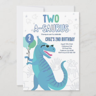 Dinosaur Two A-Saurus 2:a födelsedagen Party T-Rex Inbjudningar