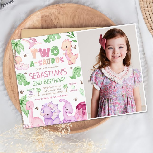 Dinosaur Two-A-Saurus Girl Foto 2:a födelsedagen Inbjudningar (Skapare uppladdad)