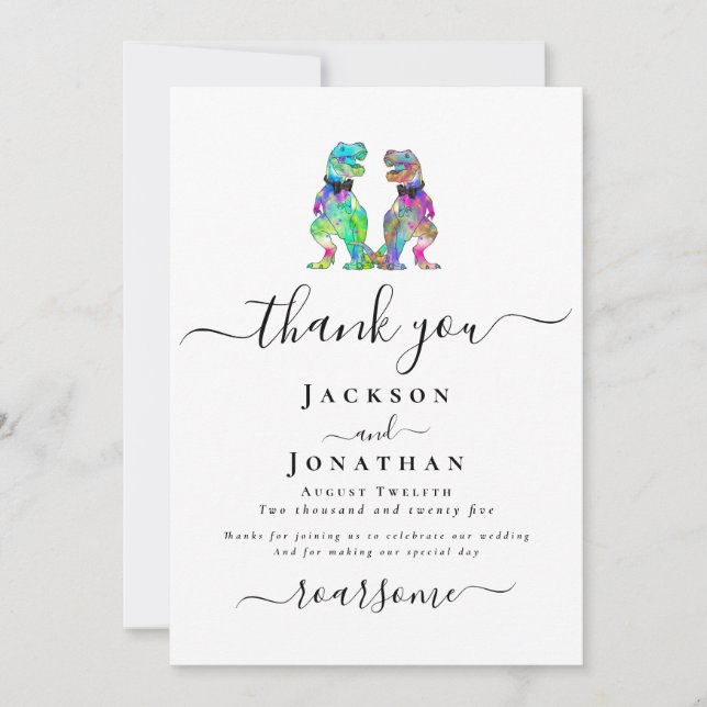 Dinosaur Two Grooms Gay Wedding Thank You Tack Kort (Framsida)