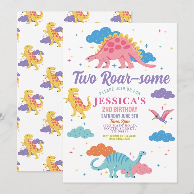 Dinosaur Two Rex Cute Girls 2:a Rosa Party Inbjudningar (Fram/baksida)