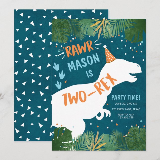 Dinosaur Two-Rex T-Rex RAWR 2:a födelsedagen Inbjudningar (Fram/baksida)