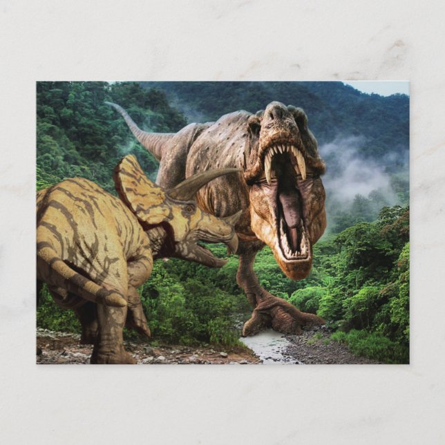 Dinosaur Tyrannosaurus Triceratops Attack Postcard Vykort (Framsida)