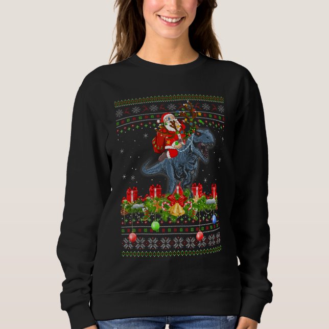 Dinosaur  Ugly Santa Riding Dinosaur Christmas T Shirt (Framsida)