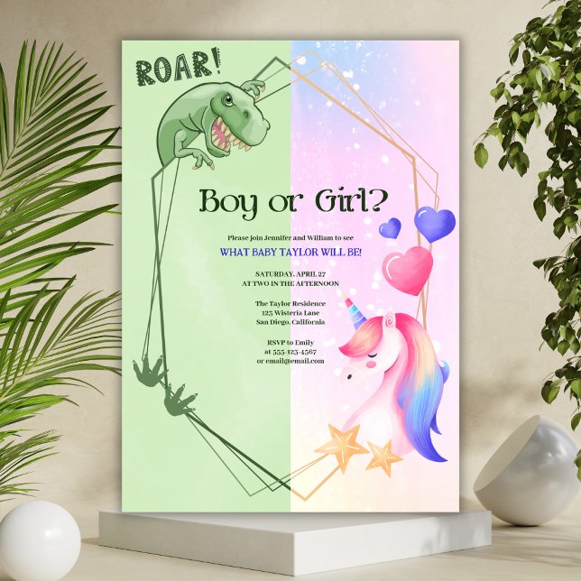 Dinosaur Unicorn Boy eller Girl Gender Reveal Part Inbjudningar (Skapare uppladdad)