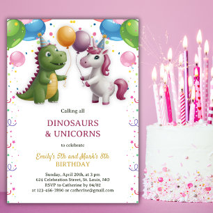 Dinosaur Unicorn Boy Joint Syskon Birthday Inbjudningar