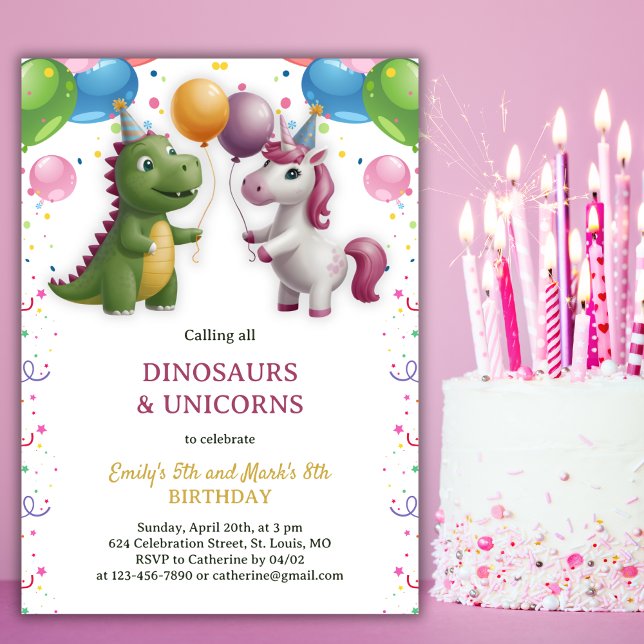 Dinosaur Unicorn Boy Joint Syskon Birthday Inbjudningar (Dinosaur Unicorn Boy Girl Joint Sibling Birthday Invitation)
