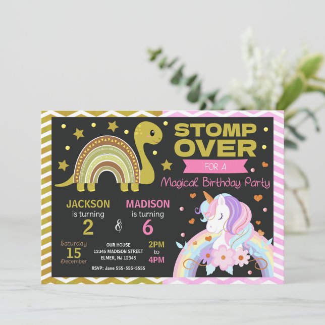 Dinosaur & Unicorn Joint Birthday Invitation Inbjudningar (Stående Fram)